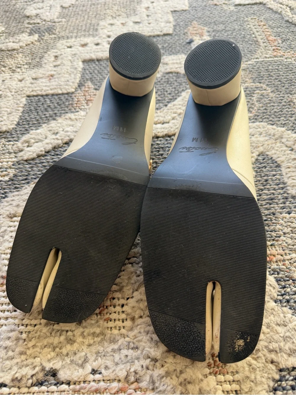 Tabi-style Cream Split-Toe Mary Jane Heels with Ankle Strap